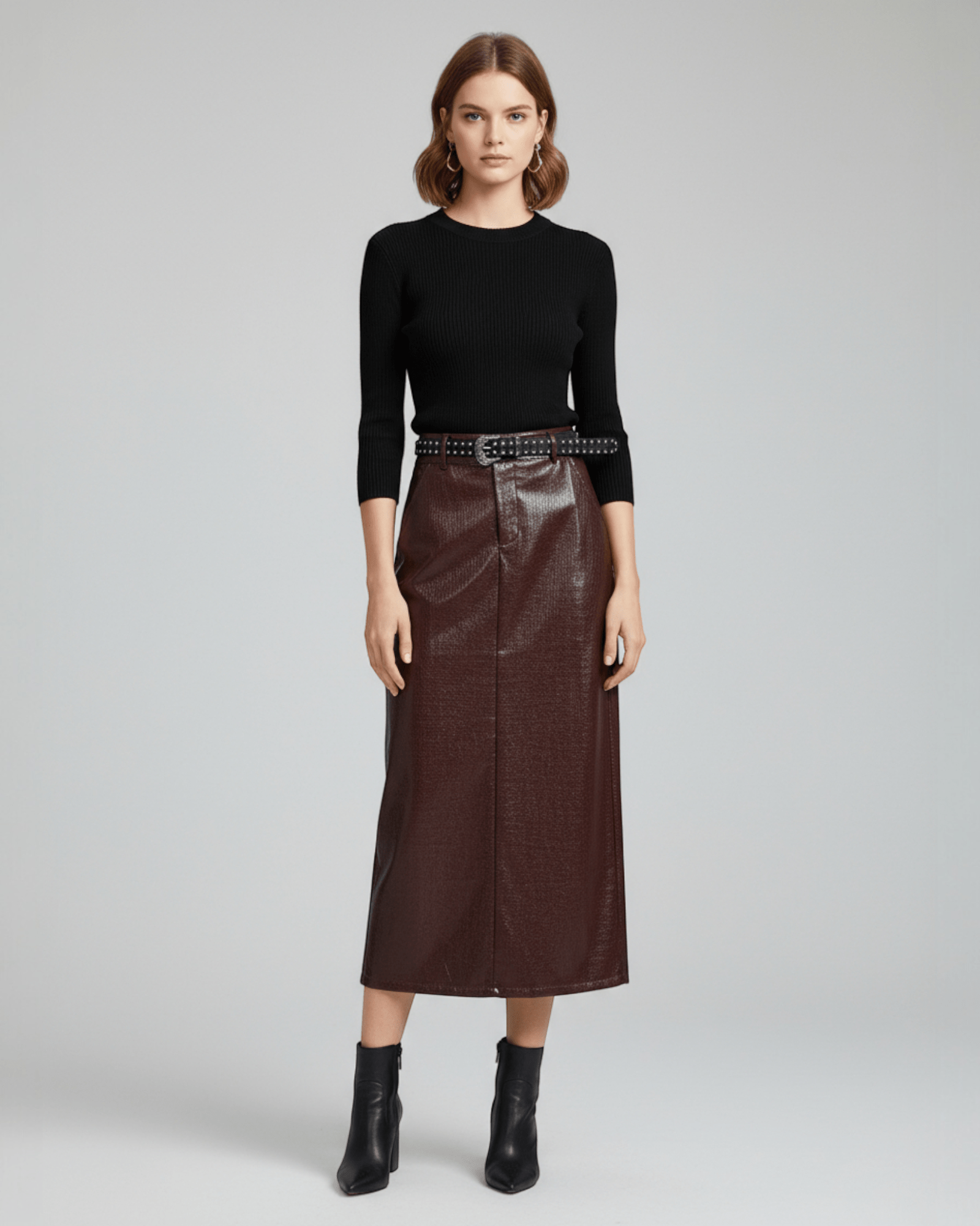 Wine Red Faux Leather Pencil Skirt - Zilvina