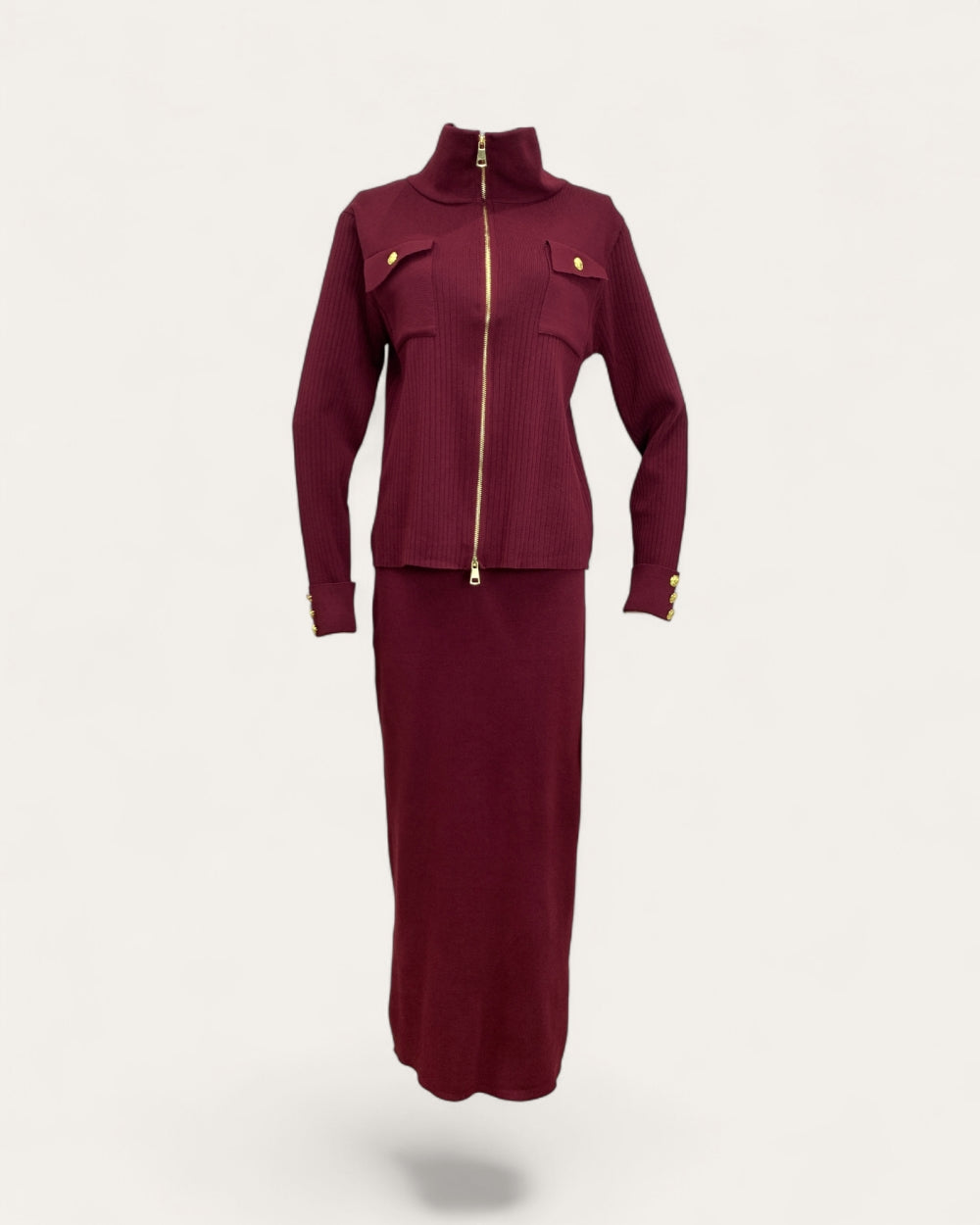 Zip - Front Ribbed Knit Dress Set - Zilvina